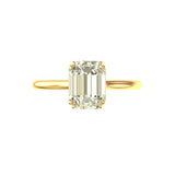 Front View of Emerald cut hybrid moissanite solitaire ring, twin claw prongs, yellow gold.