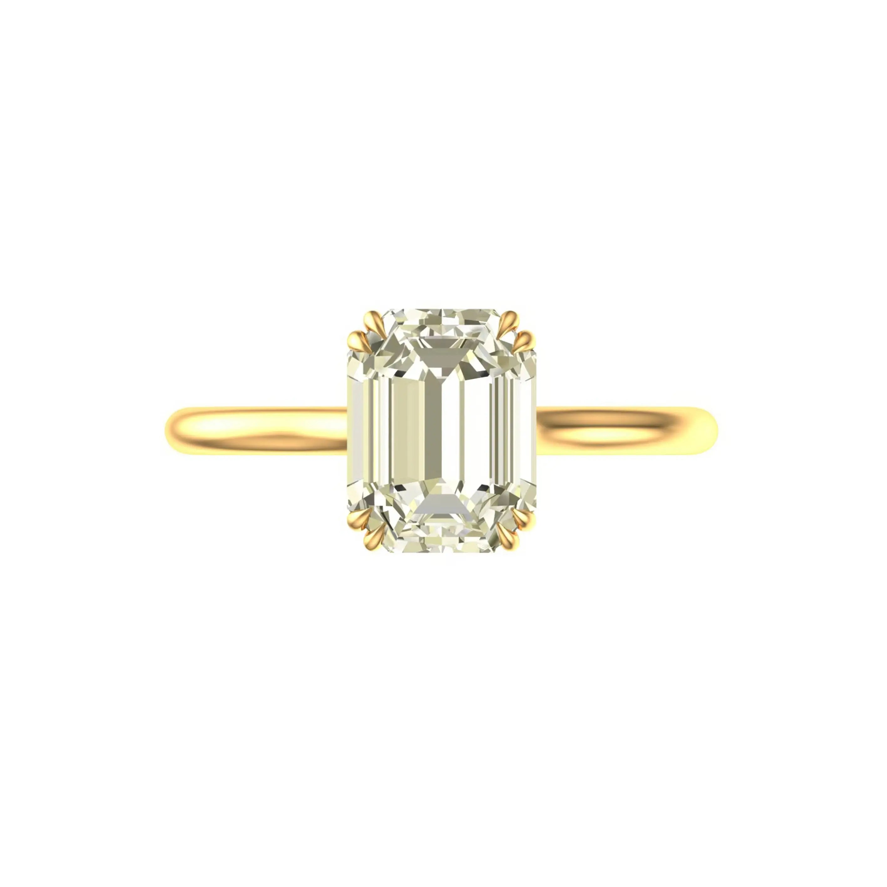 Front View of Emerald cut hybrid moissanite solitaire ring, twin claw prongs, yellow gold.