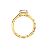 Straight Side View of  Minimal cathedral-style shoulders supporting emerald cut moissanite solitaire.