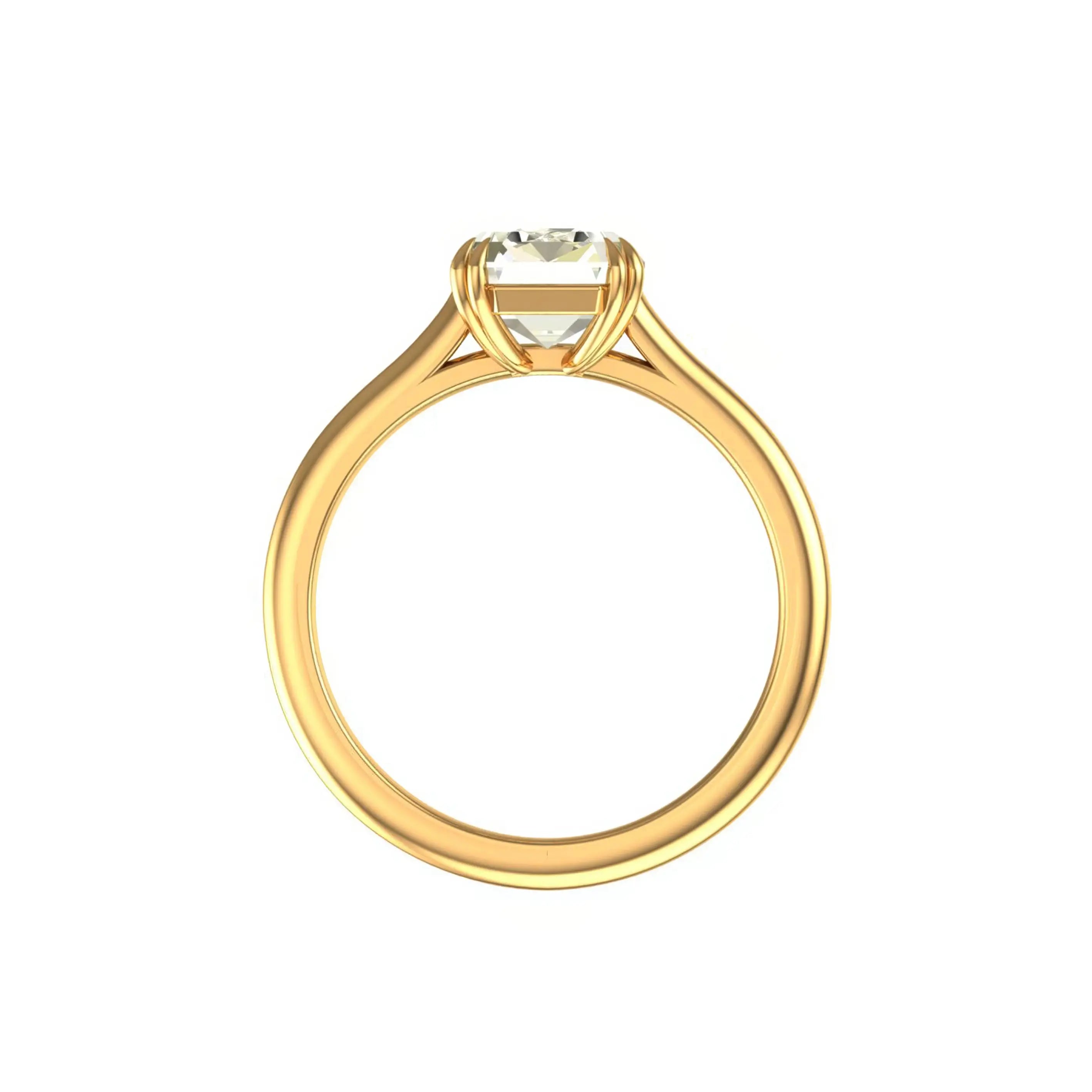 Straight Side View of  Minimal cathedral-style shoulders supporting emerald cut moissanite solitaire.