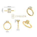 Measurement Chart View of  ring dimensions shown, slim band with raised emerald cut setting.