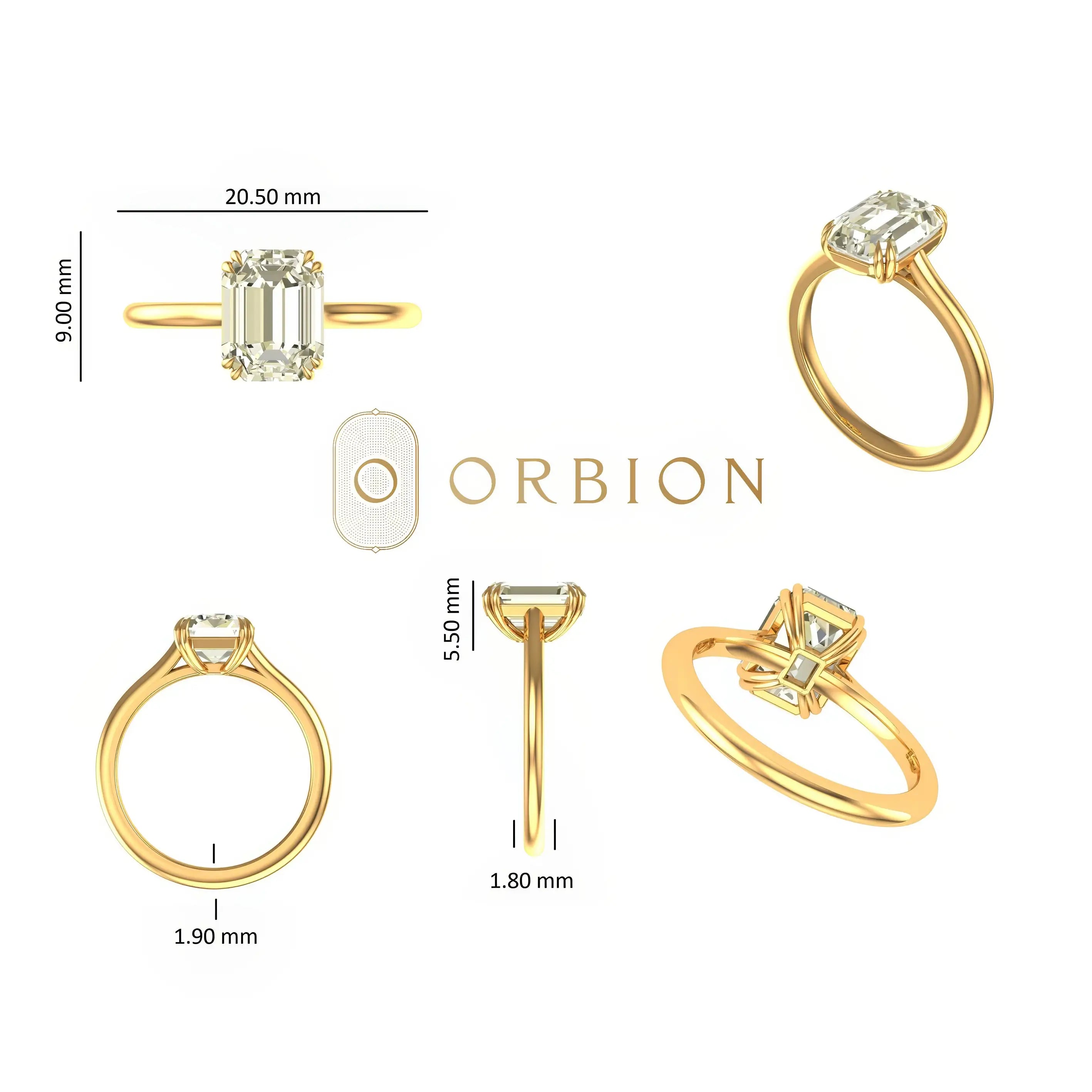 Measurement Chart View of  ring dimensions shown, slim band with raised emerald cut setting.