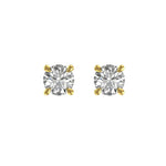Round moissanite stud earrings in yellow gold, classic four-prong front view