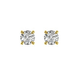 Round moissanite stud earrings in yellow gold, classic four-prong front view