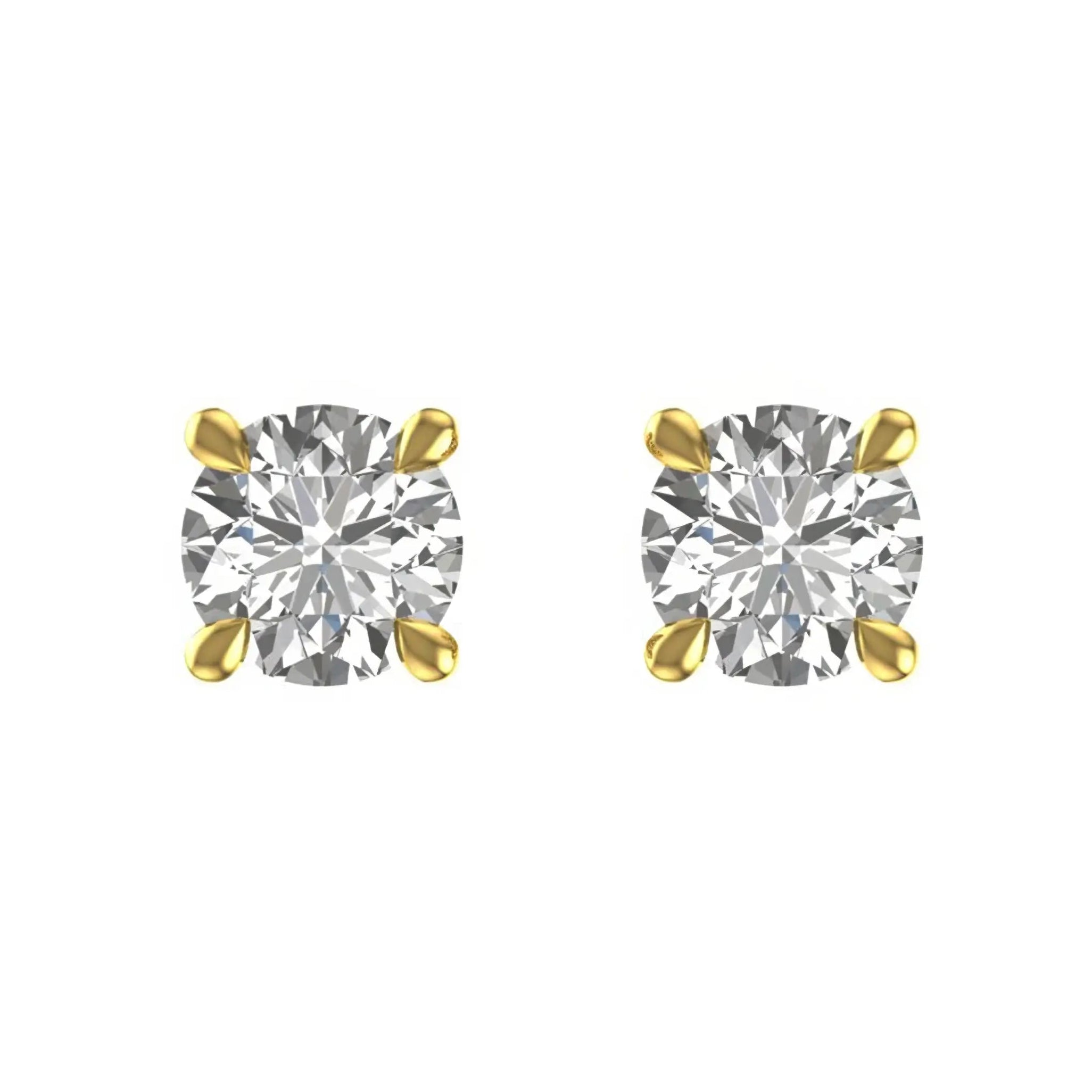 Round moissanite stud earrings in yellow gold, classic four-prong front view