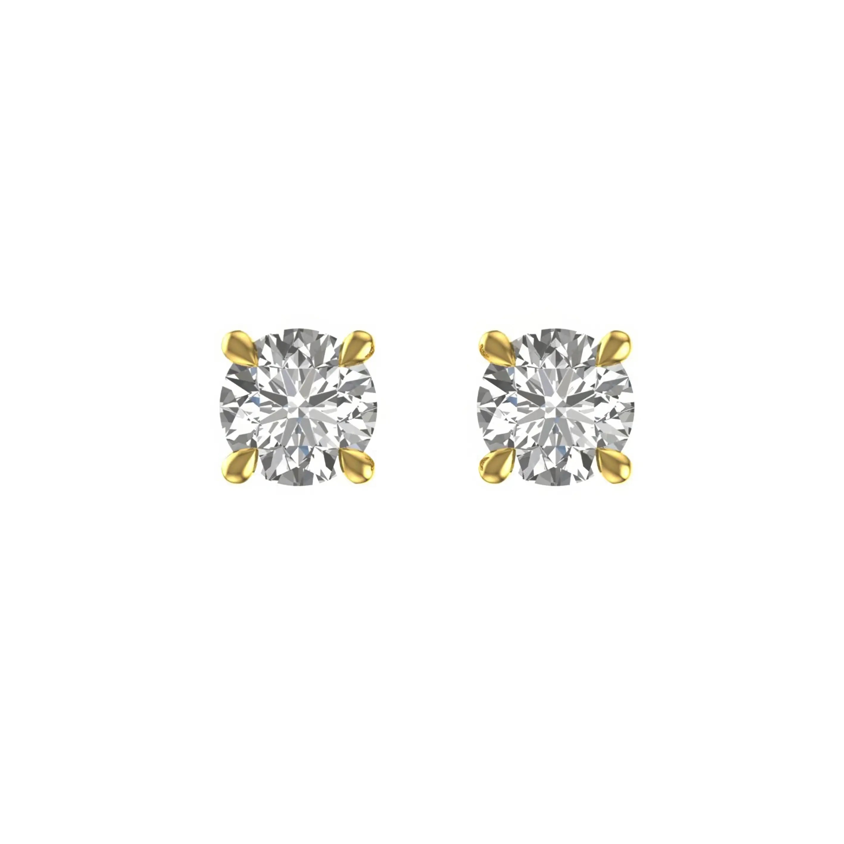 Round moissanite stud earrings in yellow gold, classic four-prong front view