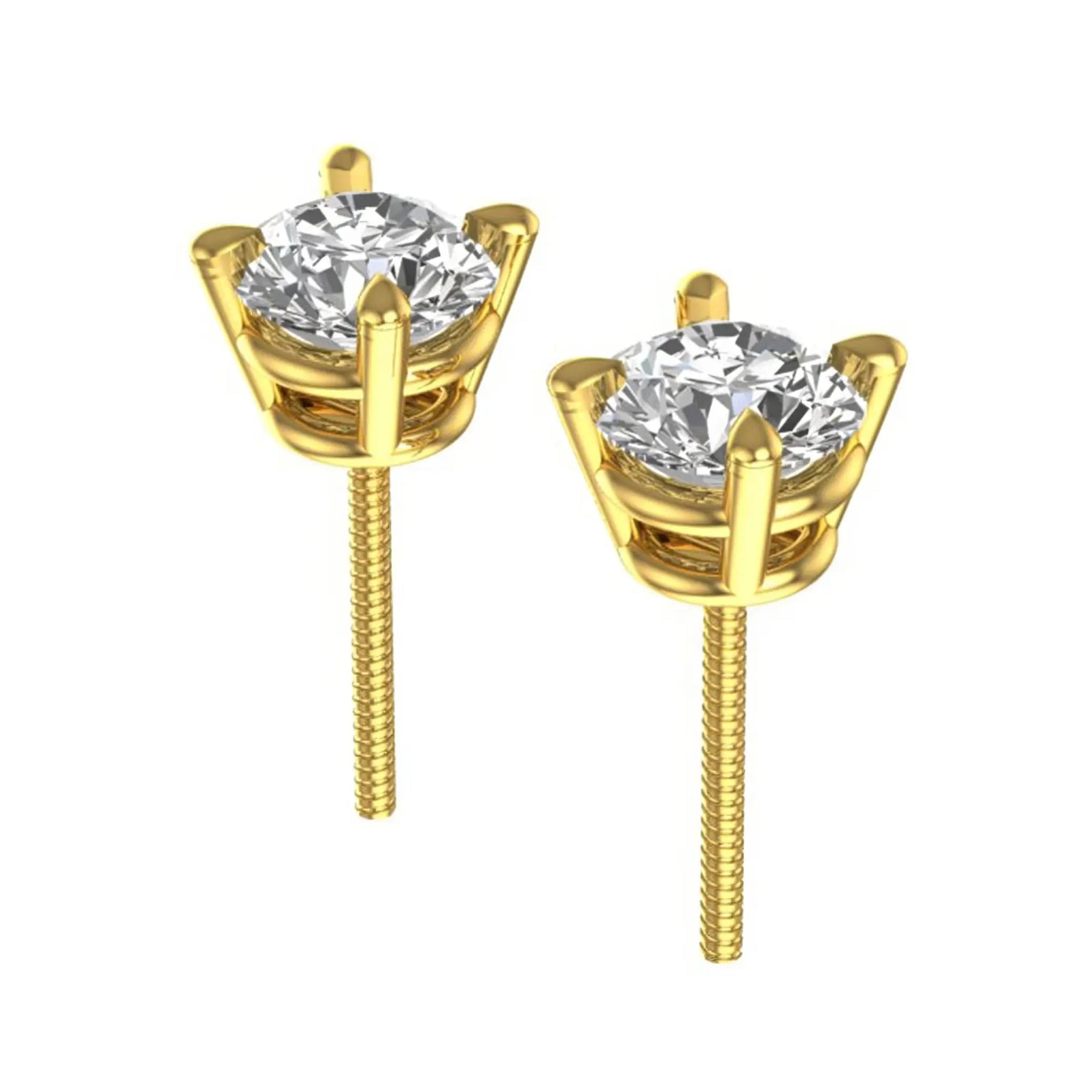 Angled view of moissanite studs showing basket setting and screw posts