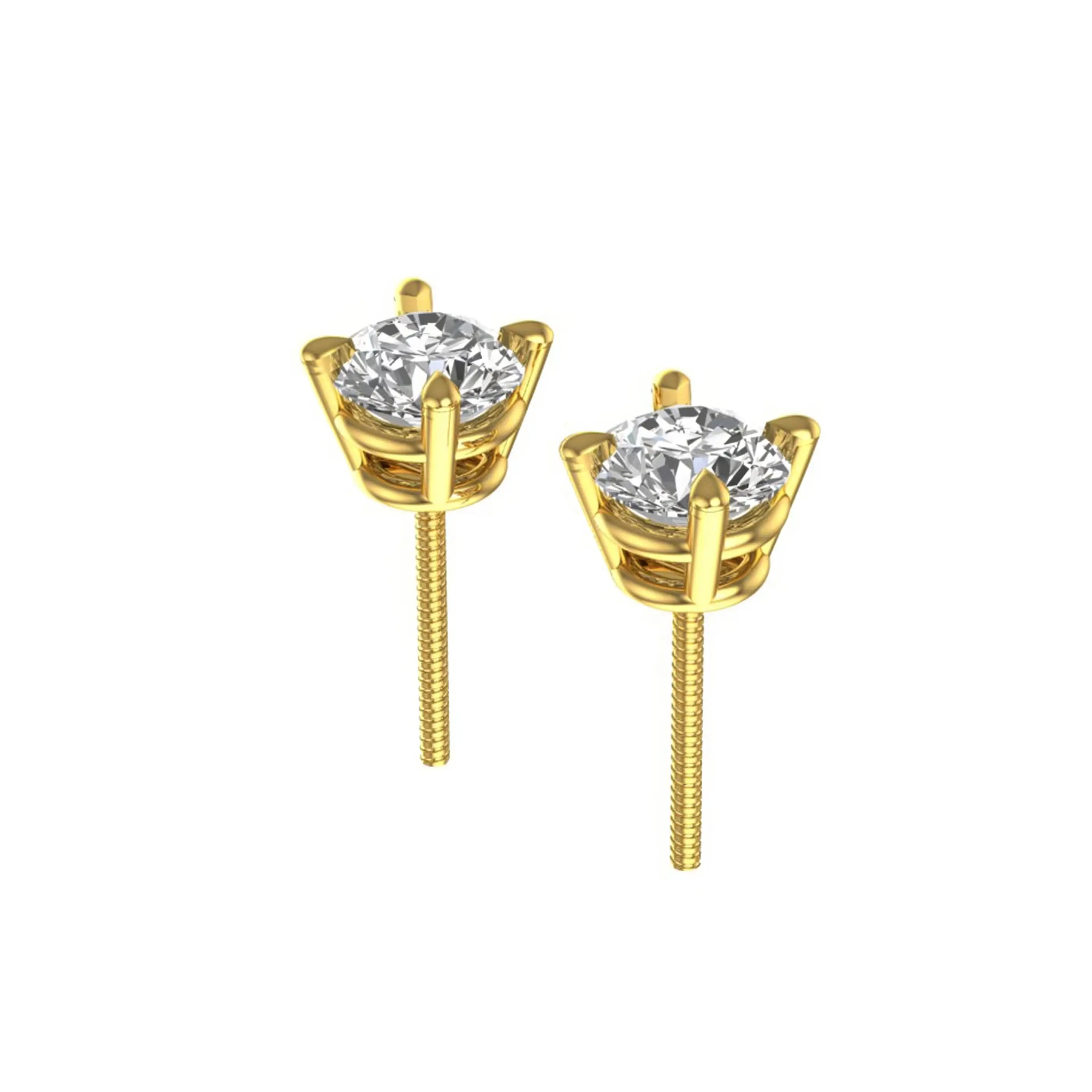 Angled view of moissanite studs showing basket setting and screw posts