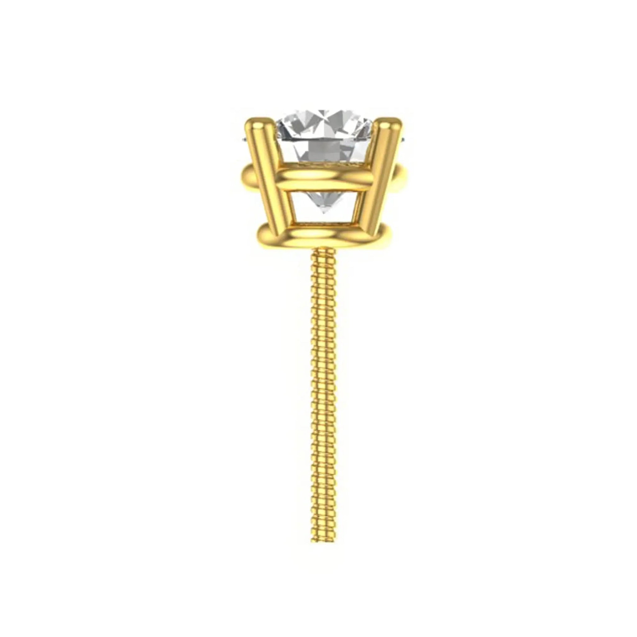 Side profile of yellow gold stud showing open basket and height