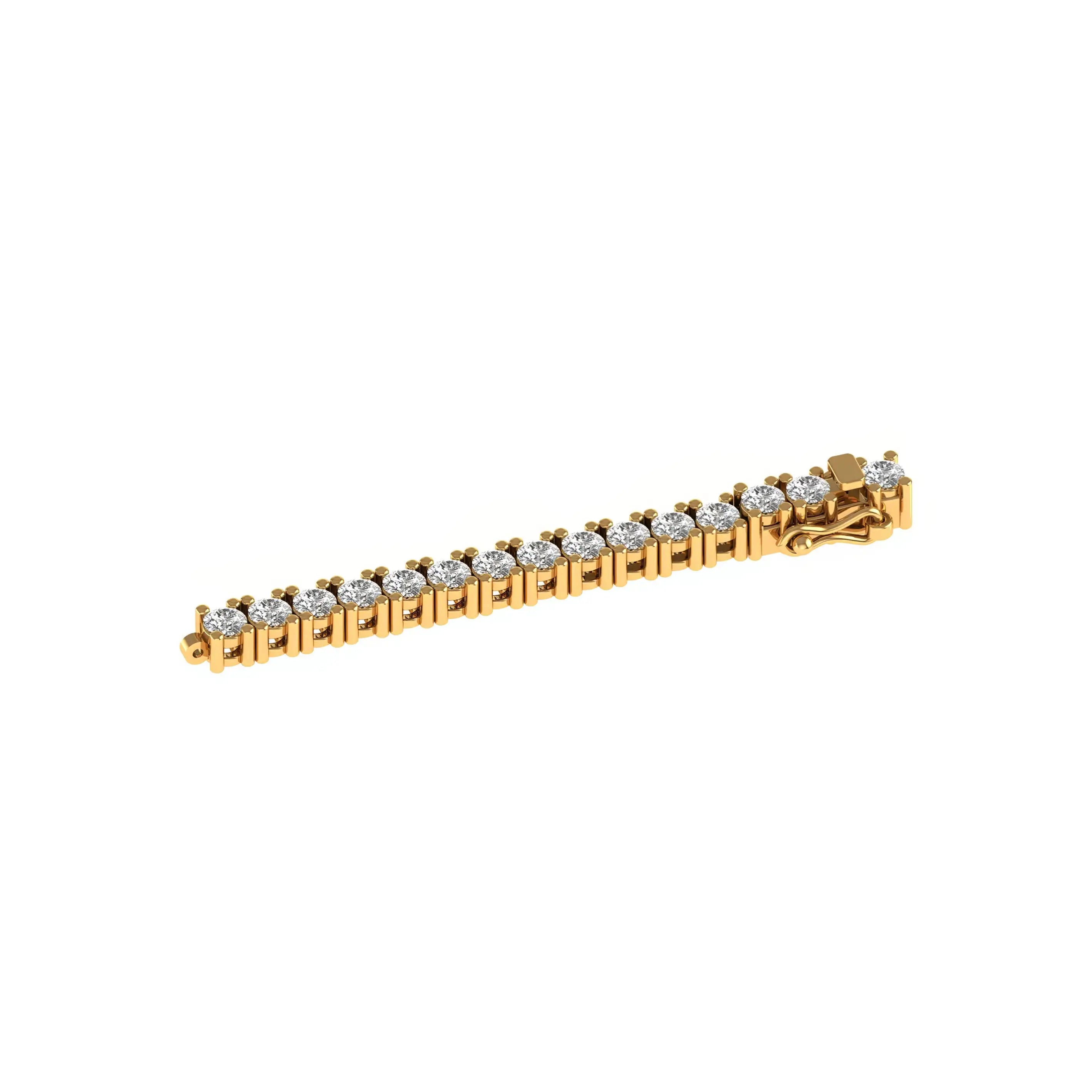 Angled view of yellow gold moissanite tennis bracelet with box clasp