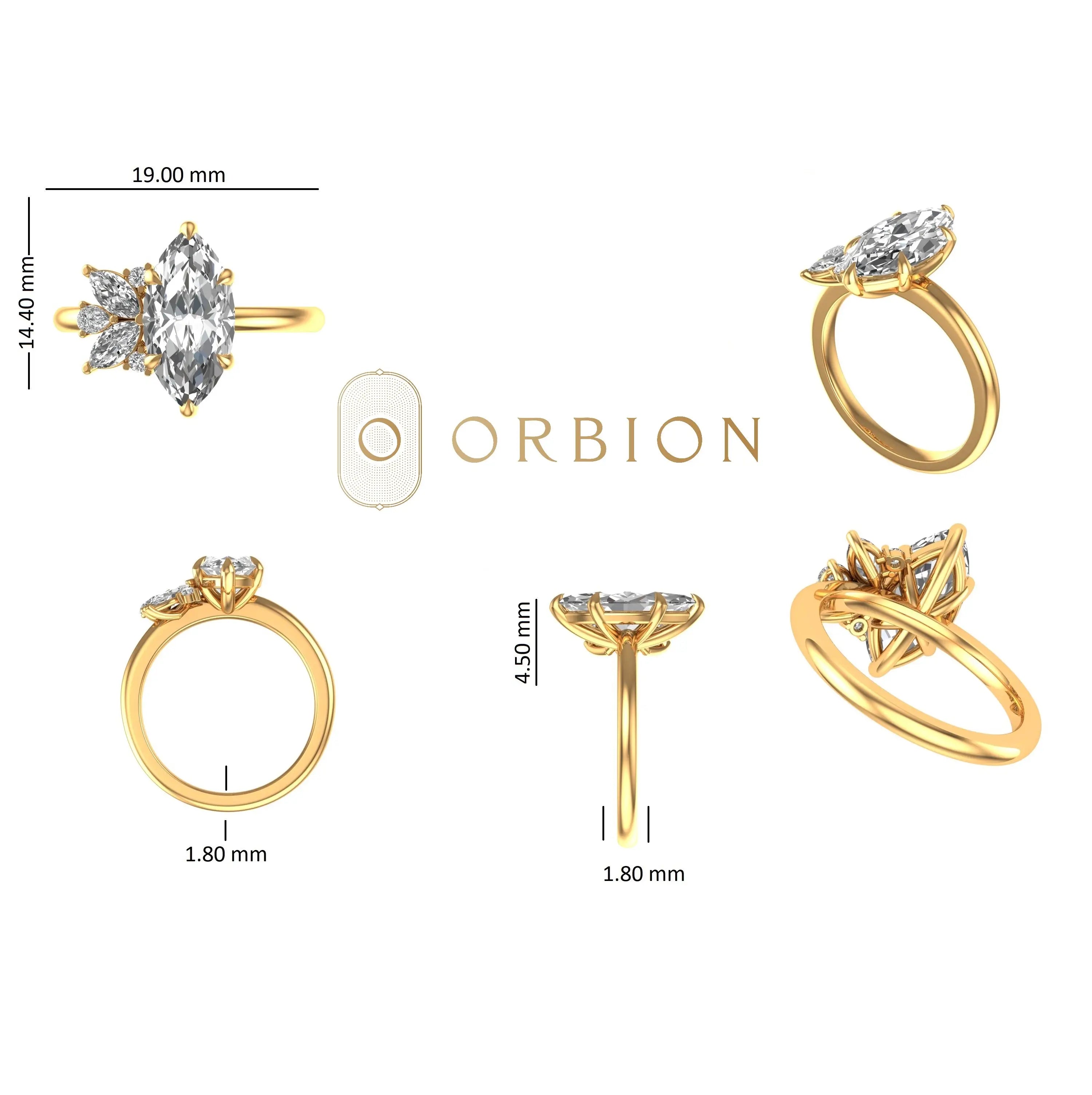 Unique marquise cluster bridal ring in yellow gold