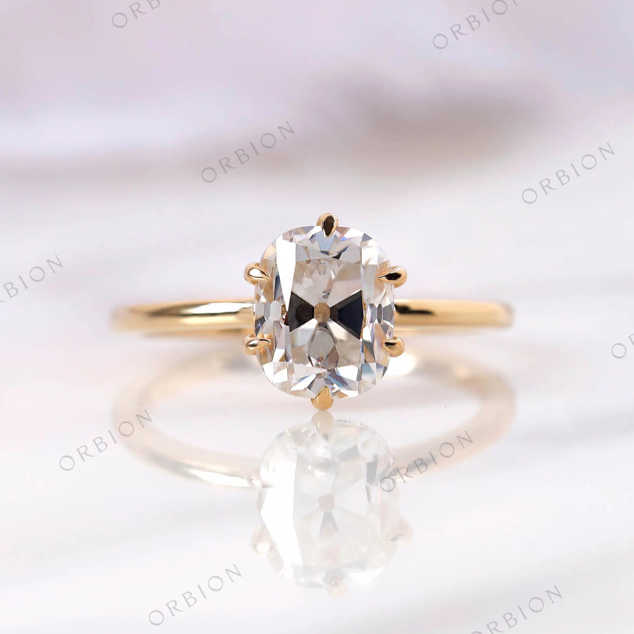 Elongated cushion old mine cut moissanite solitaire ring front view