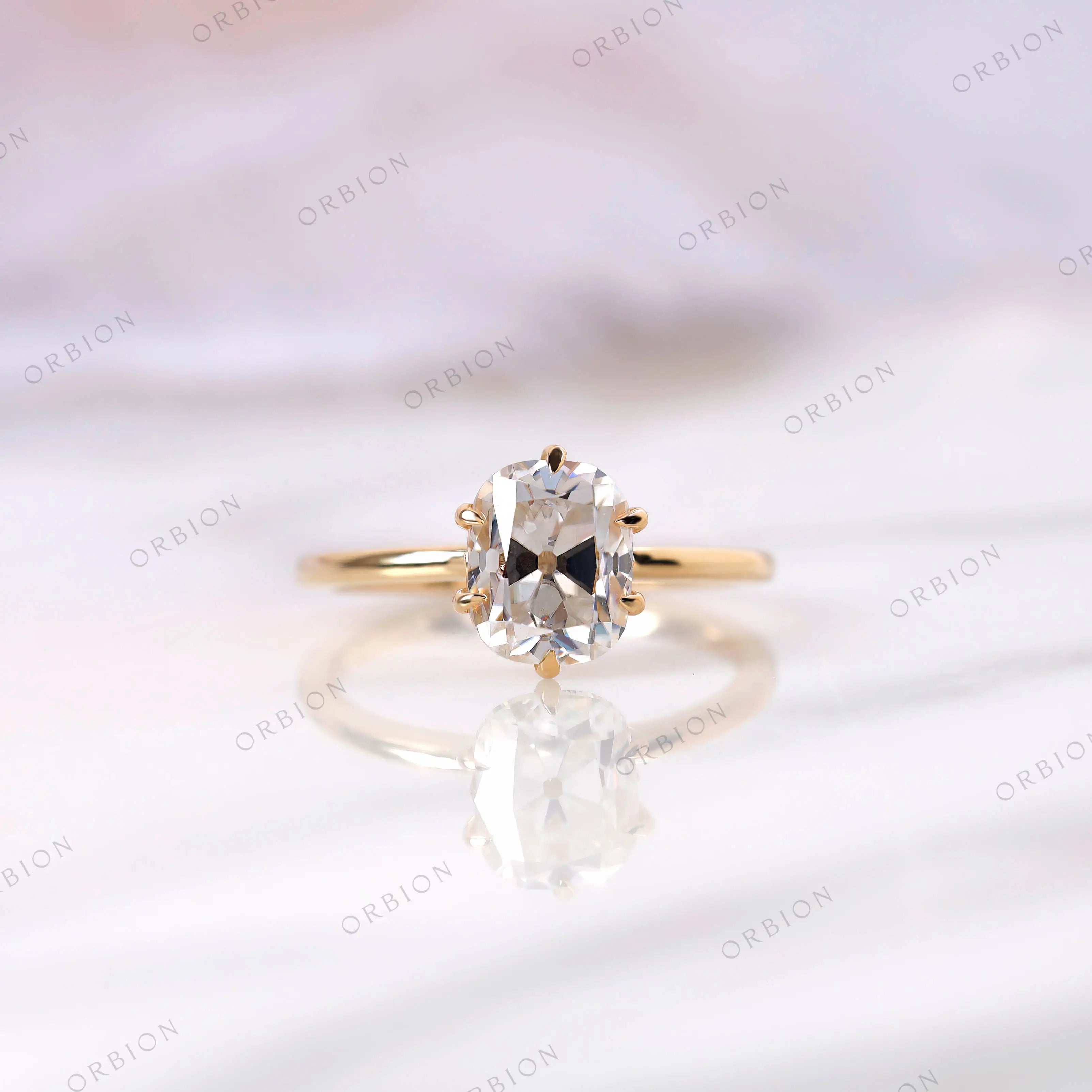 Elongated cushion old mine cut moissanite solitaire ring front view
