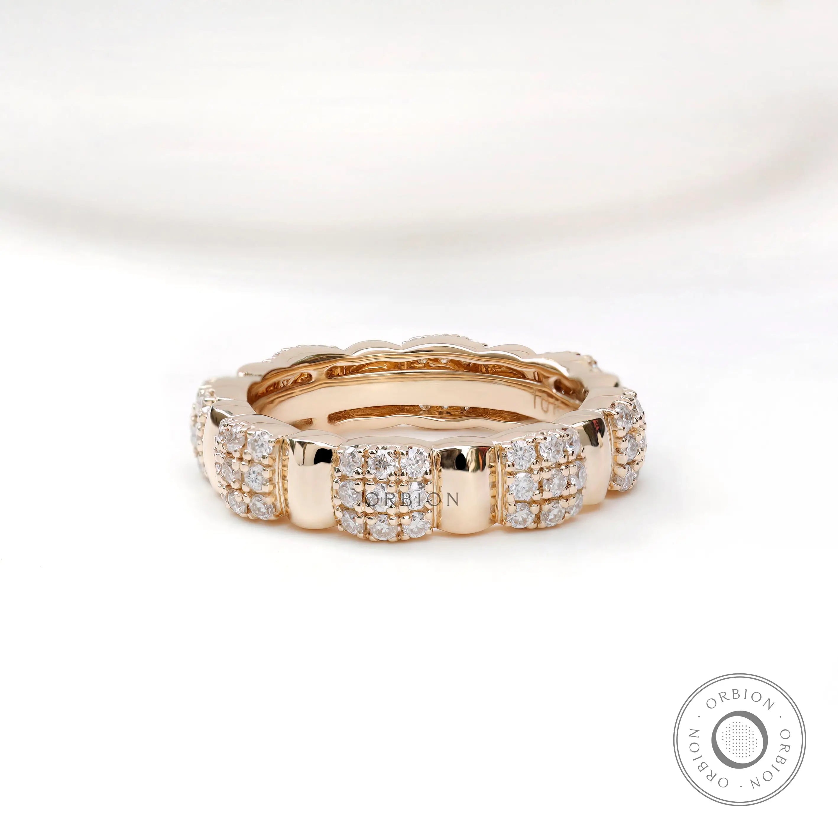 Thick station pave wedding band in 14K yellow gold