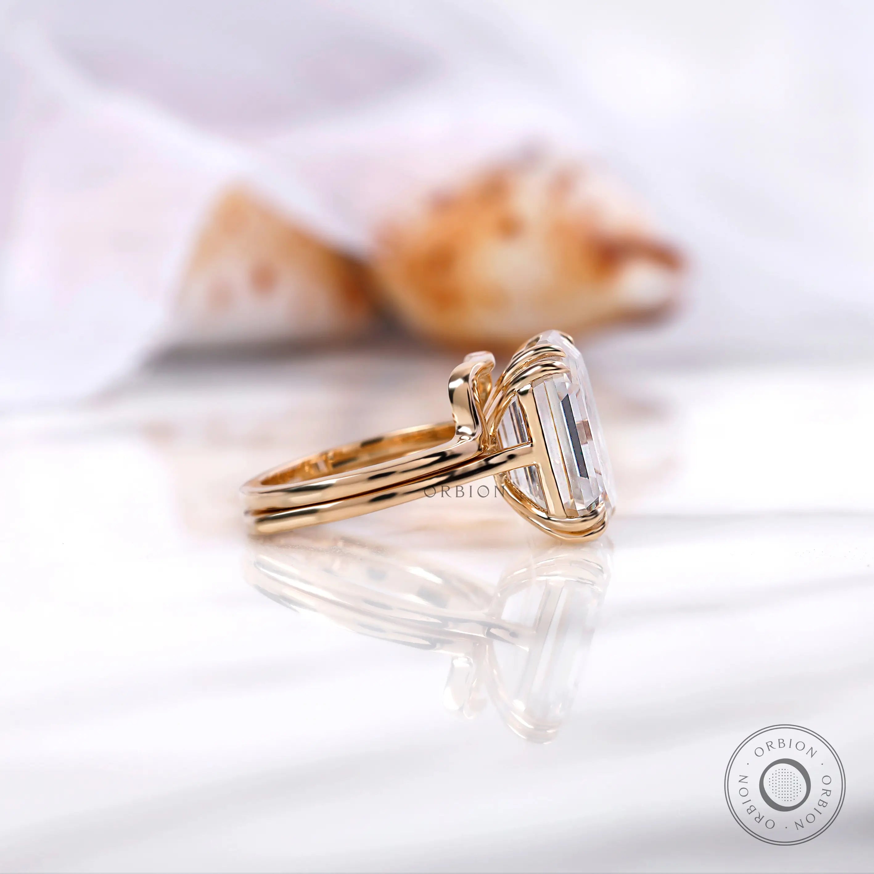 Vintage inspired emerald cut moissanite engagement ring set