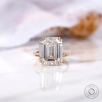 Krupp old mine hybrid cut emerald moissanite double prong ring close up view