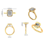 Different views and dimensions of solitaire emerald cut lab diamond bezel cathedral ring