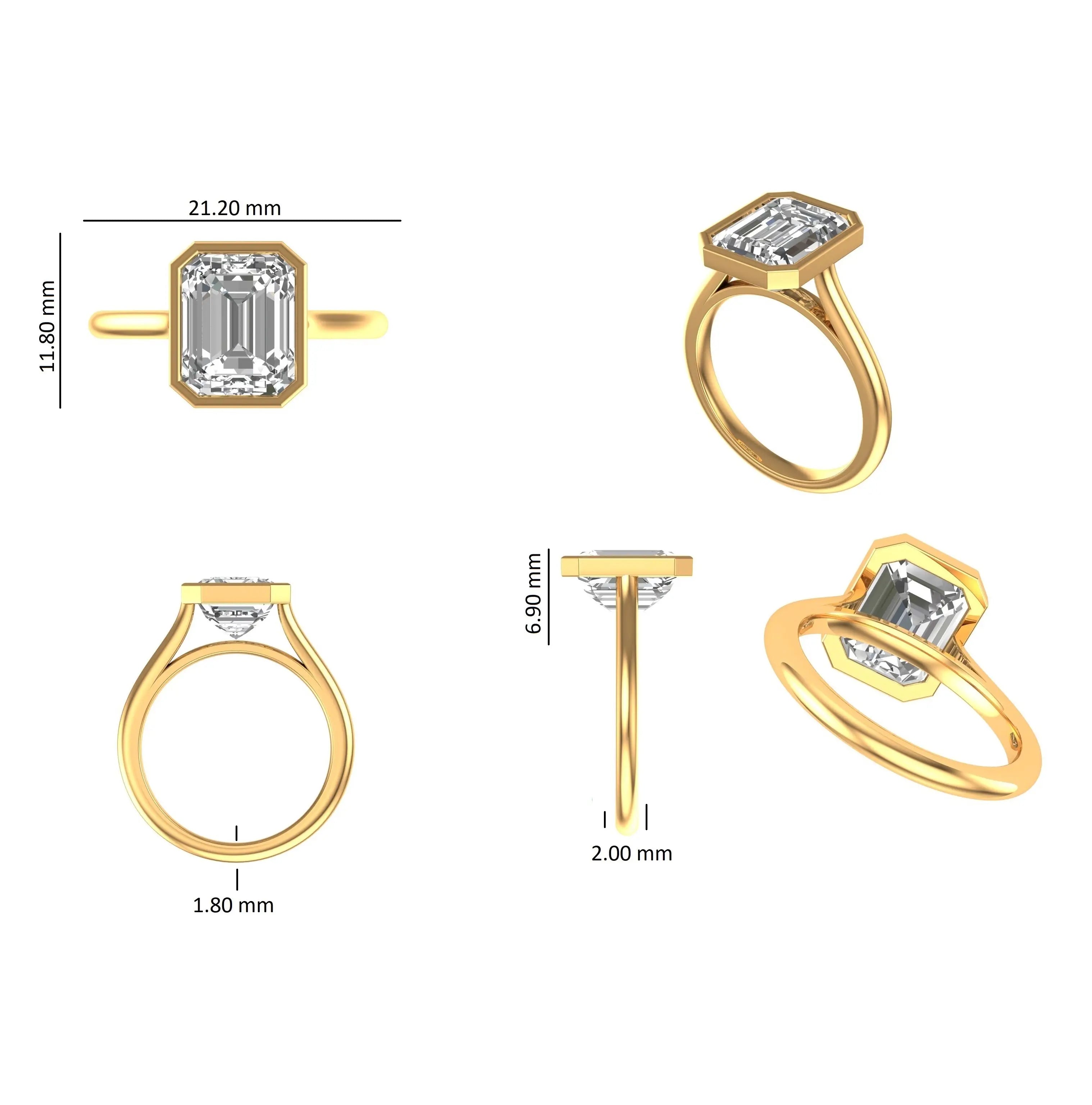 Different views and dimensions of solitaire emerald cut lab diamond bezel cathedral ring