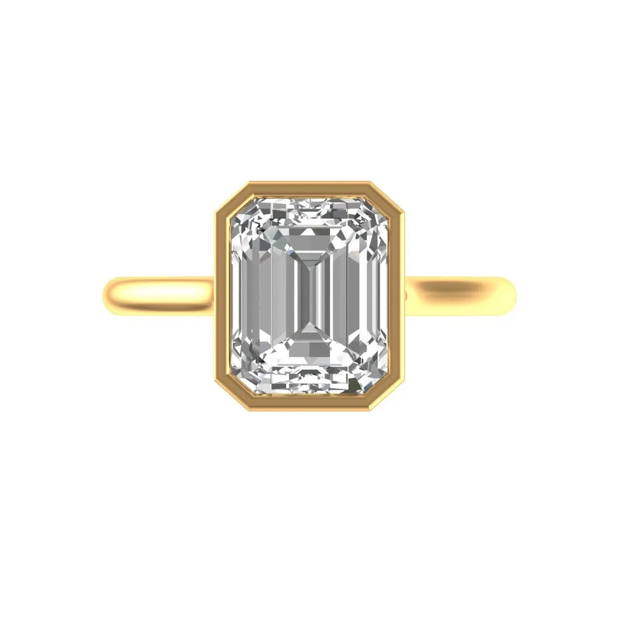 Emerald cut bezel set solitaire ring in 14k yellow gold