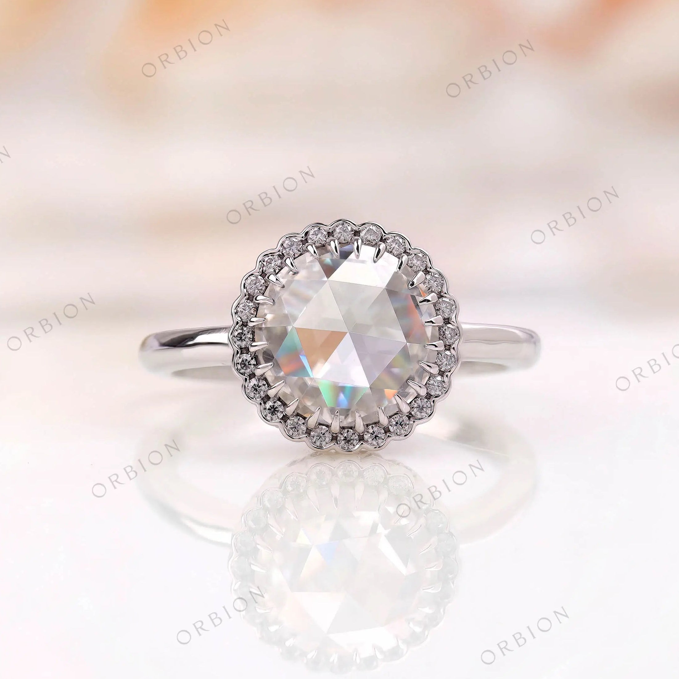Moissanite Halo Ring with Rose Cut Center Stone in 10K White Gold