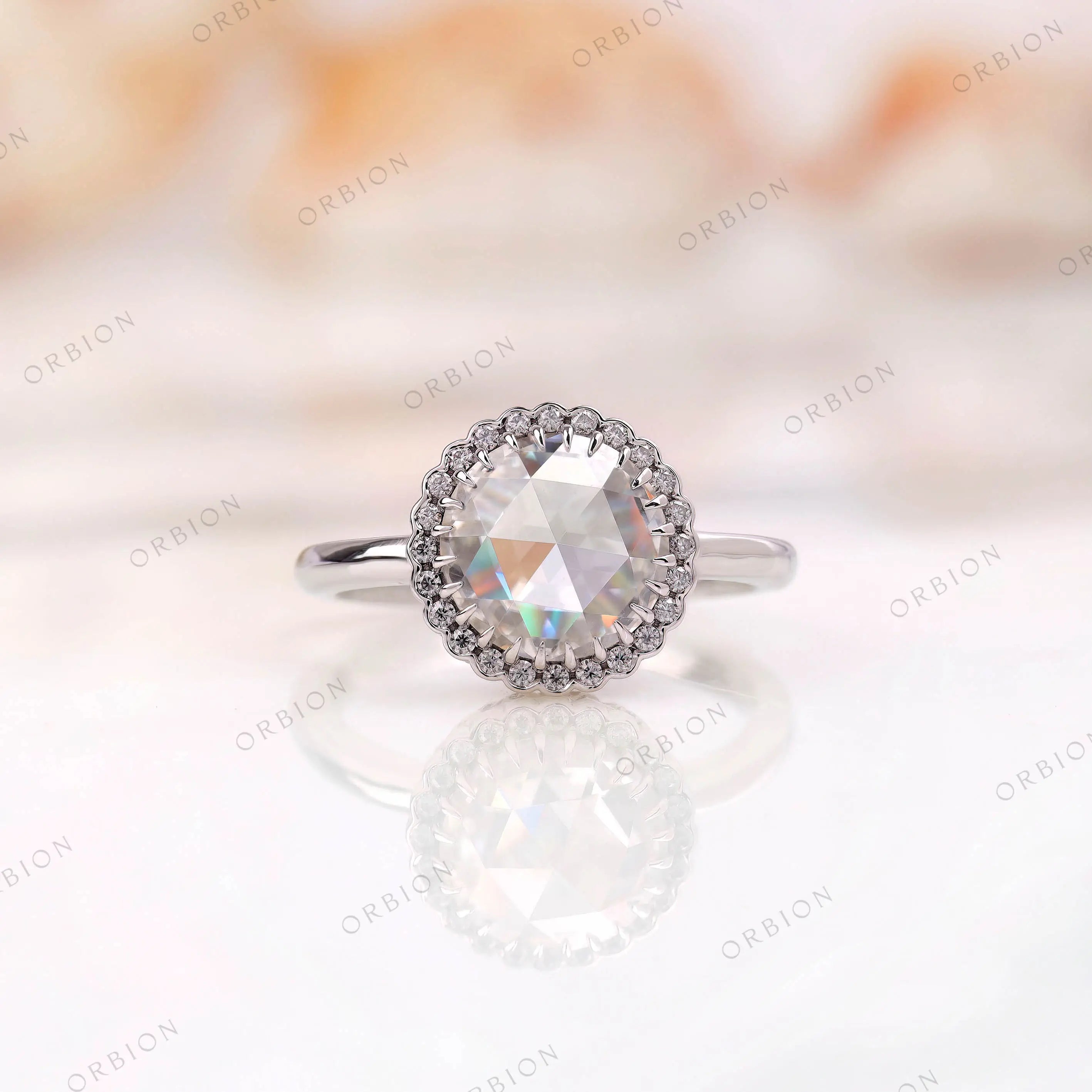 Moissanite Halo Ring with Rose Cut Center Stone in 10K White Gold