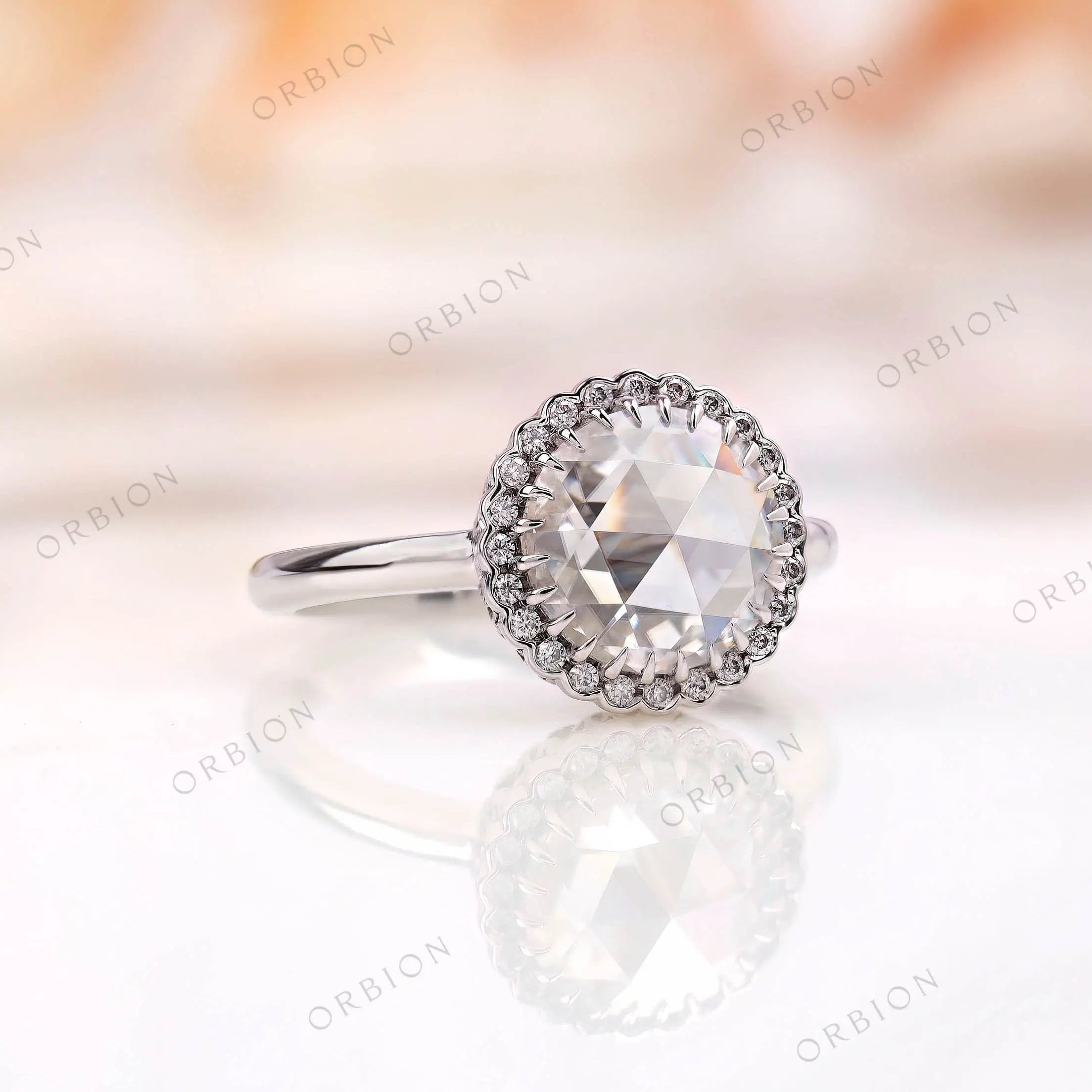 Moissanite Halo Ring, 10K White Gold with Intricate Band Detail