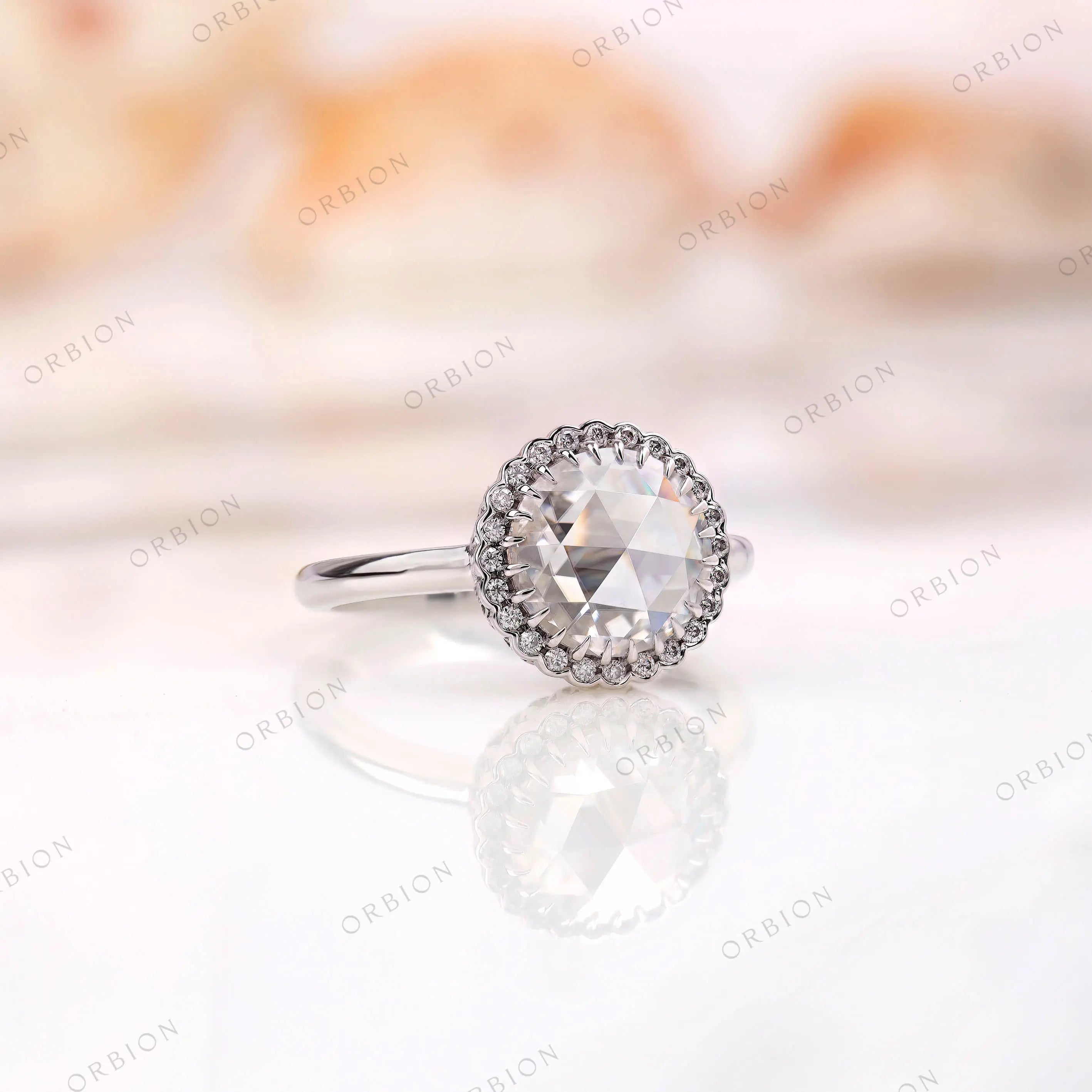 Moissanite Halo Ring, 10K White Gold with Intricate Band Detail