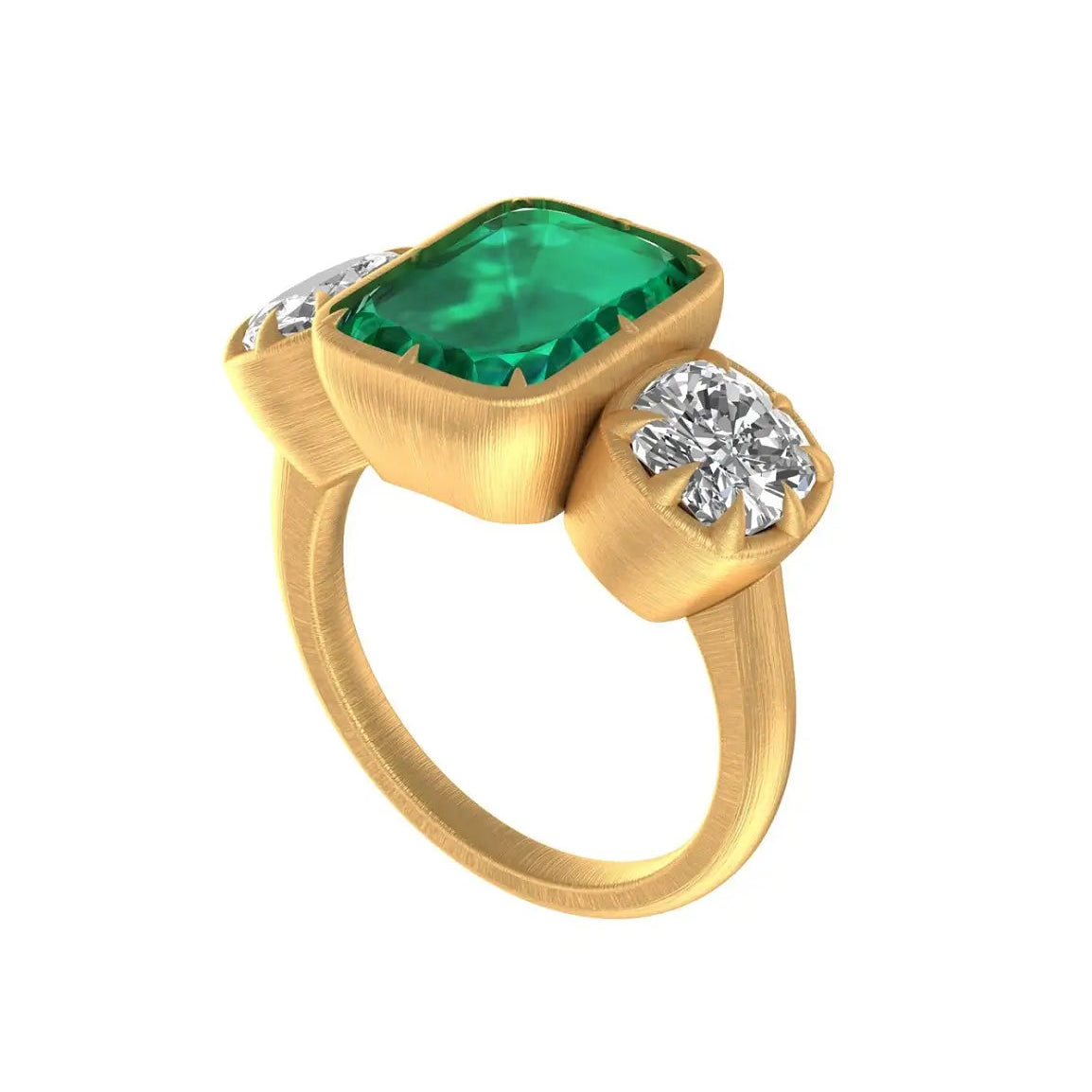 Green emerald cut moissanite ring with cushion old mine cut side stones