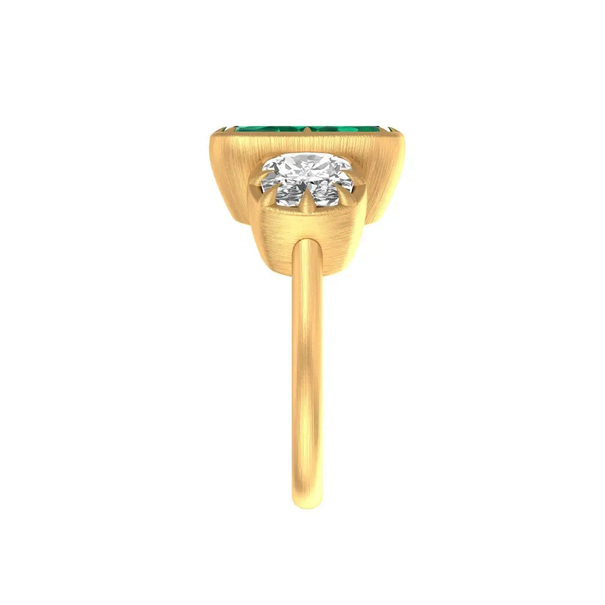 Vintage style three stone emerald cut green moissanite ring brushed gold