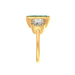 Vintage style three stone emerald cut green moissanite ring brushed gold