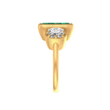 Vintage style three stone emerald cut green moissanite ring brushed gold