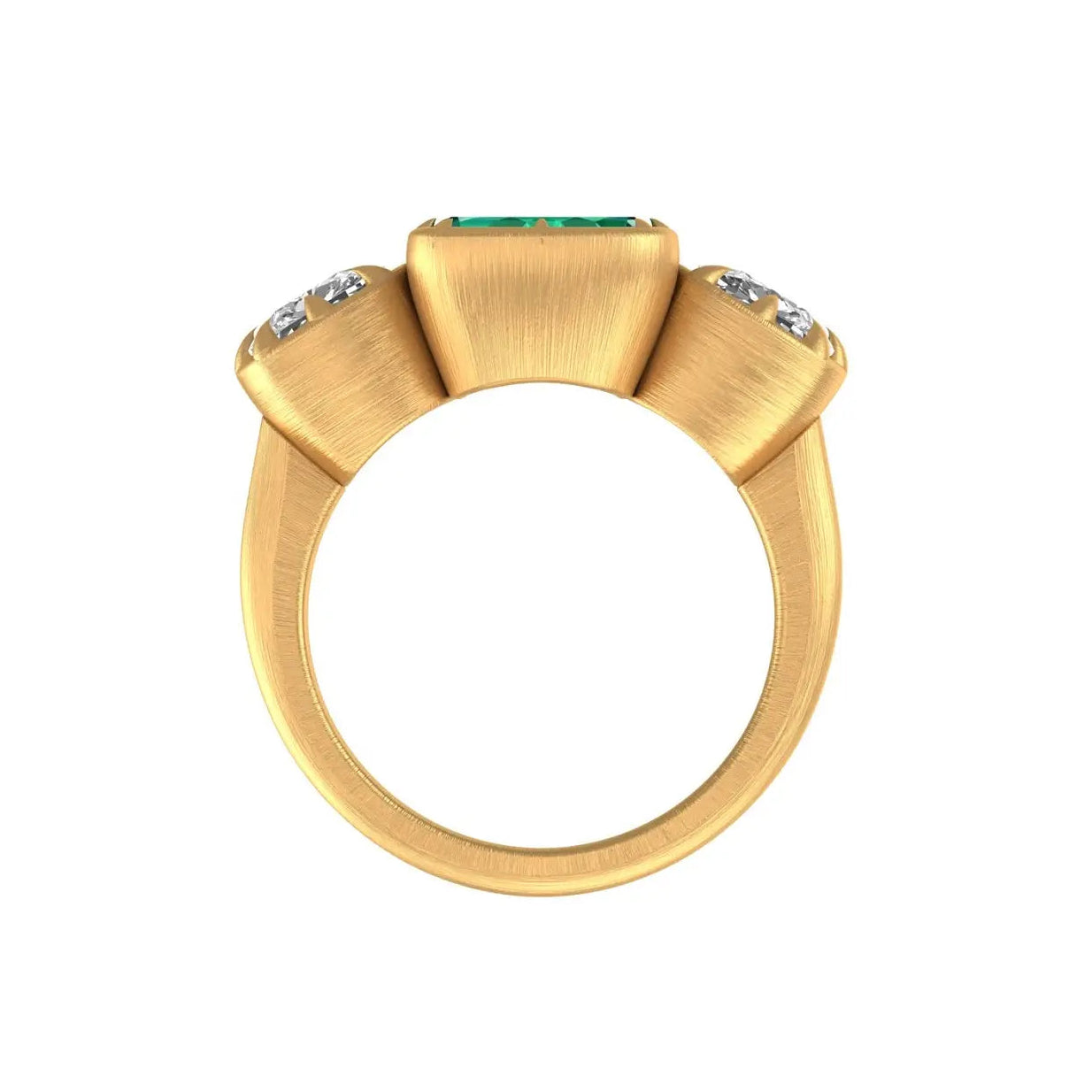 trilogy emerald moissanite ring with brushed matte gold band