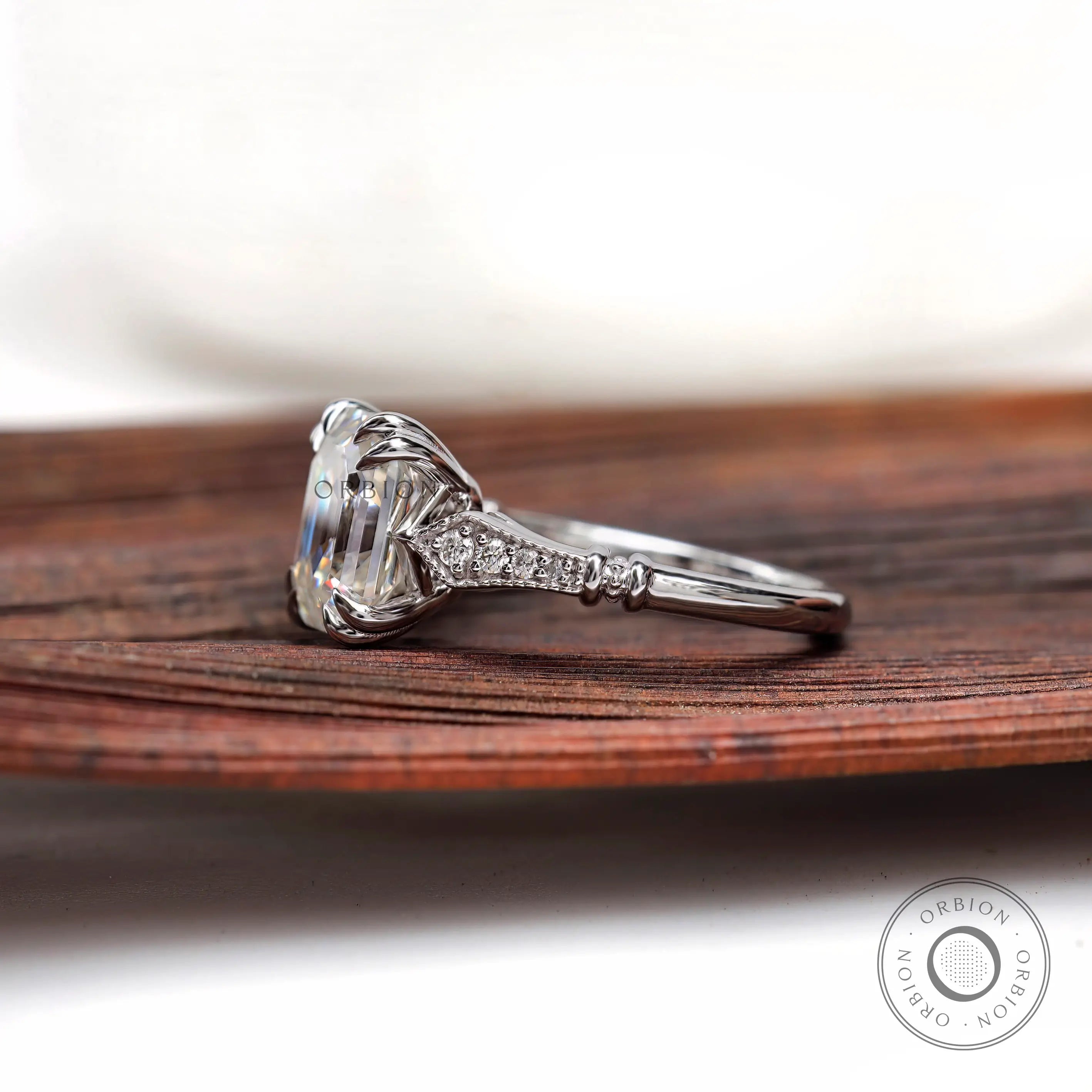Emerald cut lab diamond vintage style engagement ring