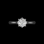 Round moissanite solitaire ring top view with eight prongs, white gold.