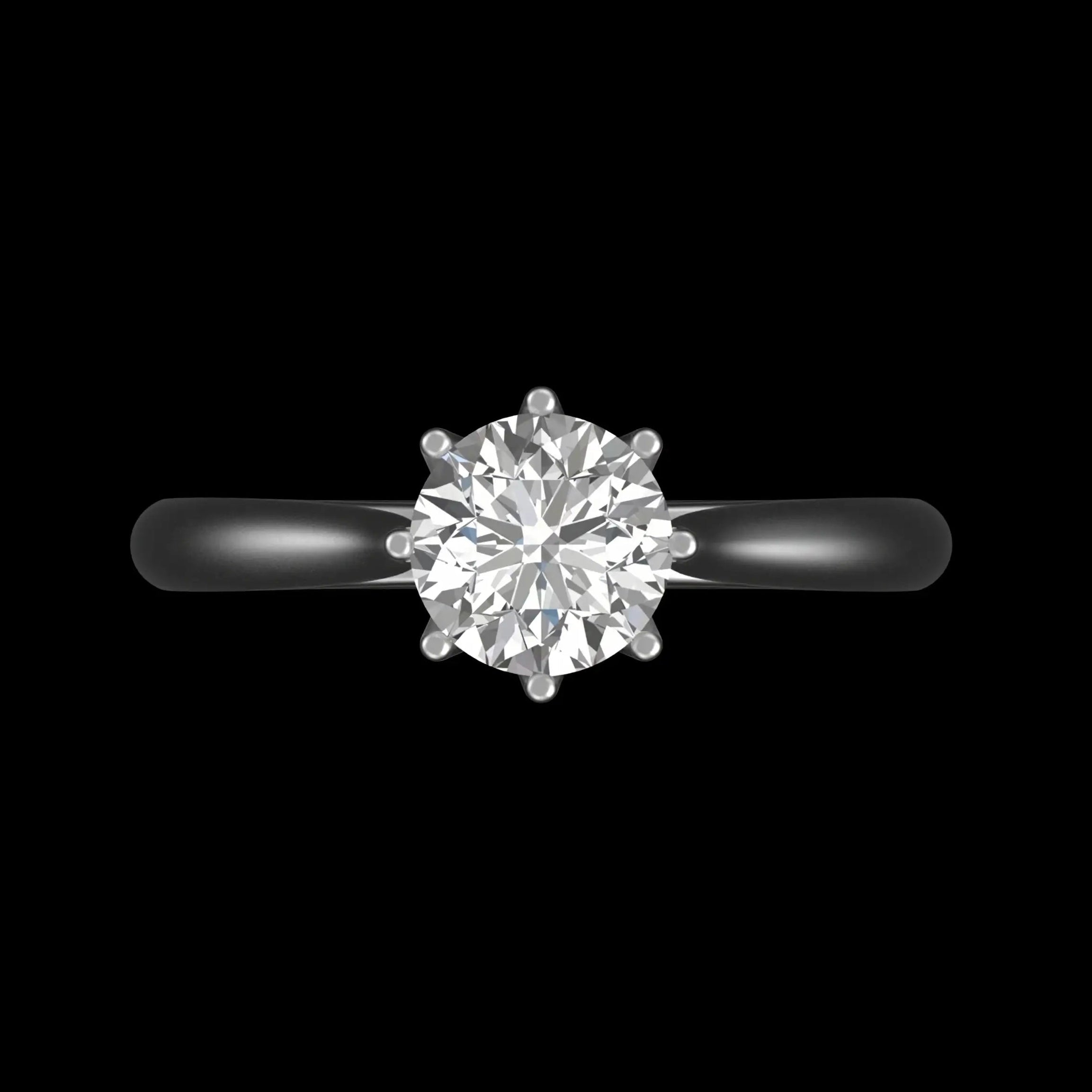 Round moissanite solitaire ring top view with eight prongs, white gold.