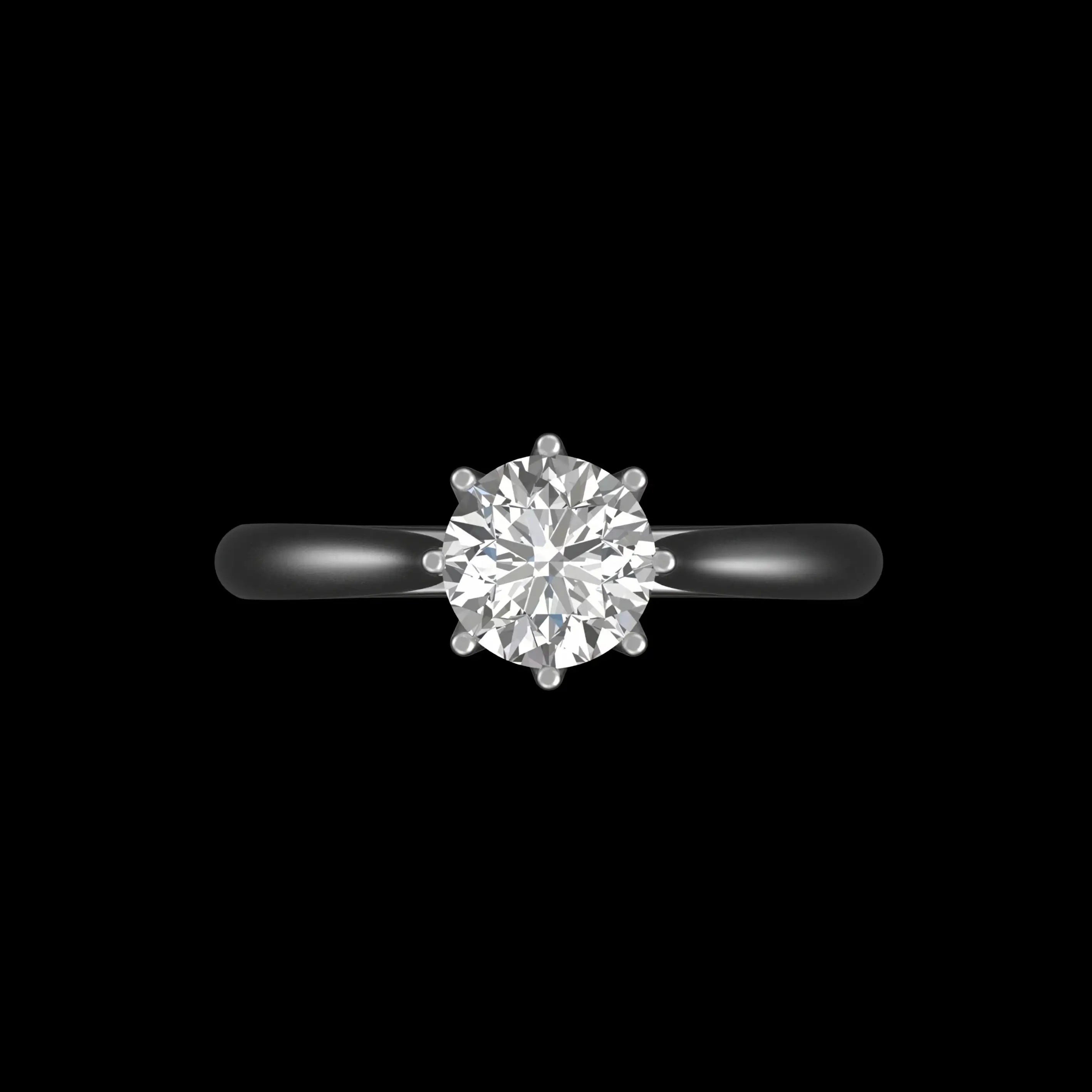 Round moissanite solitaire ring top view with eight prongs, white gold.