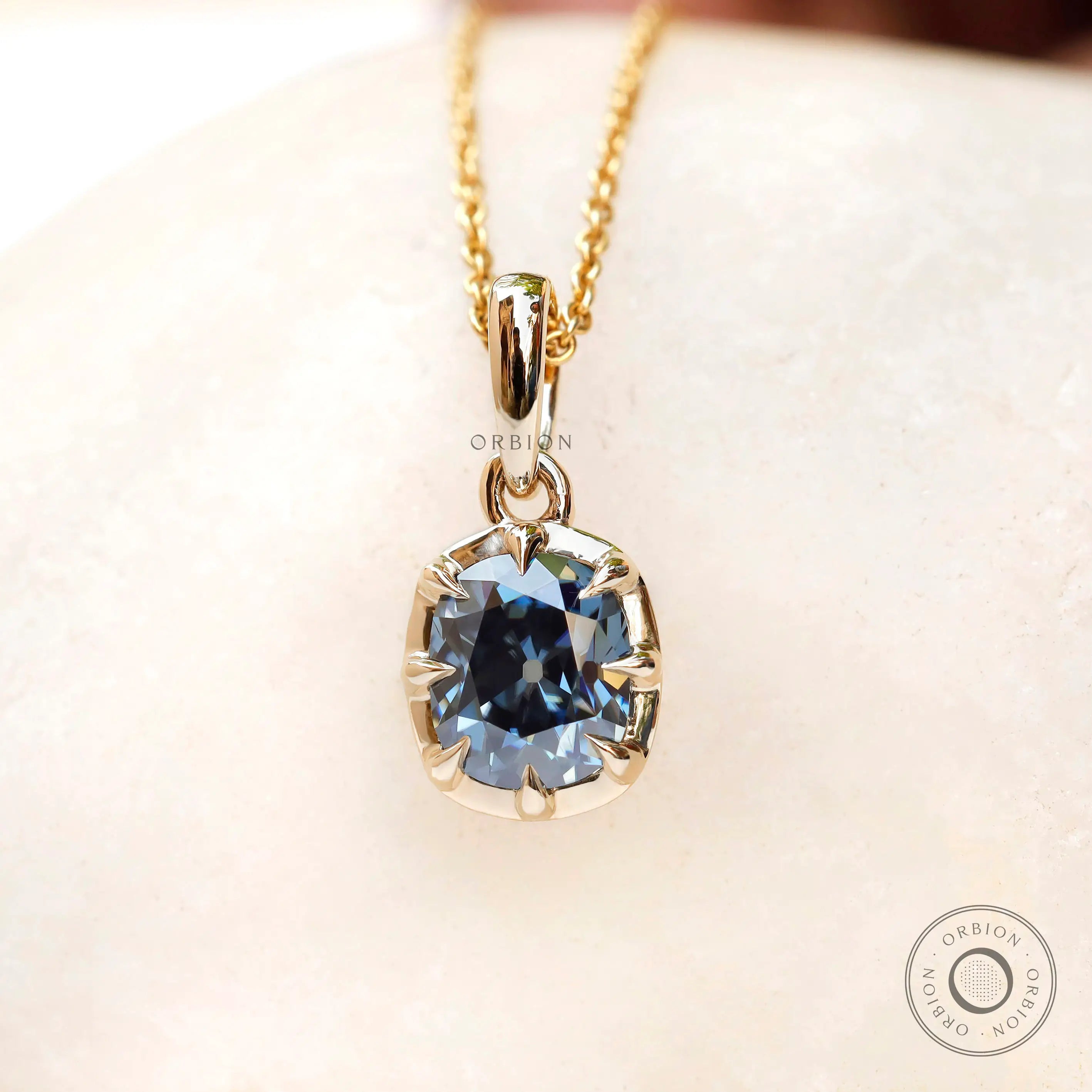 Front view old mine cut moissanite pendant yellow gold