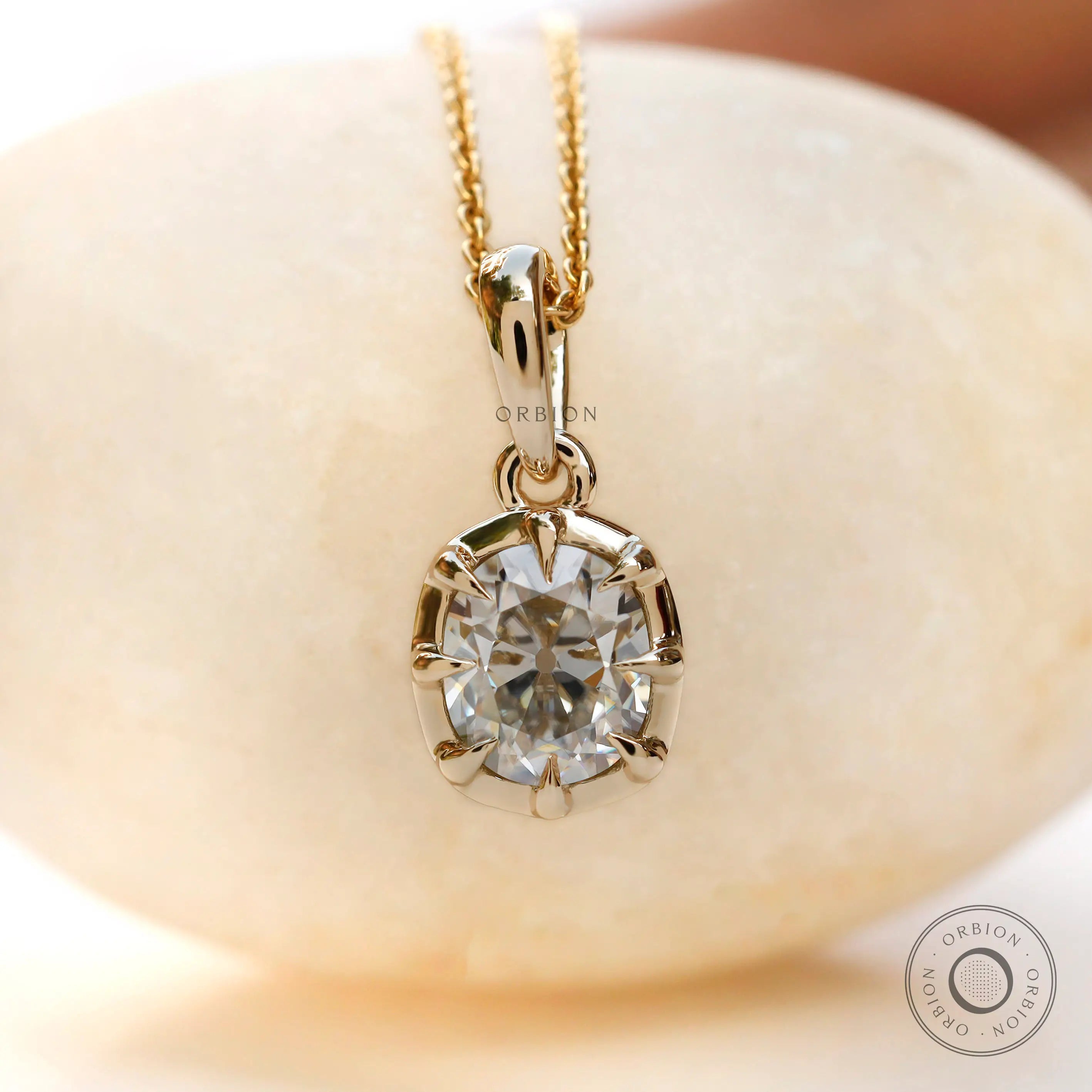 Front view old mine cut moissanite pendant yellow gold