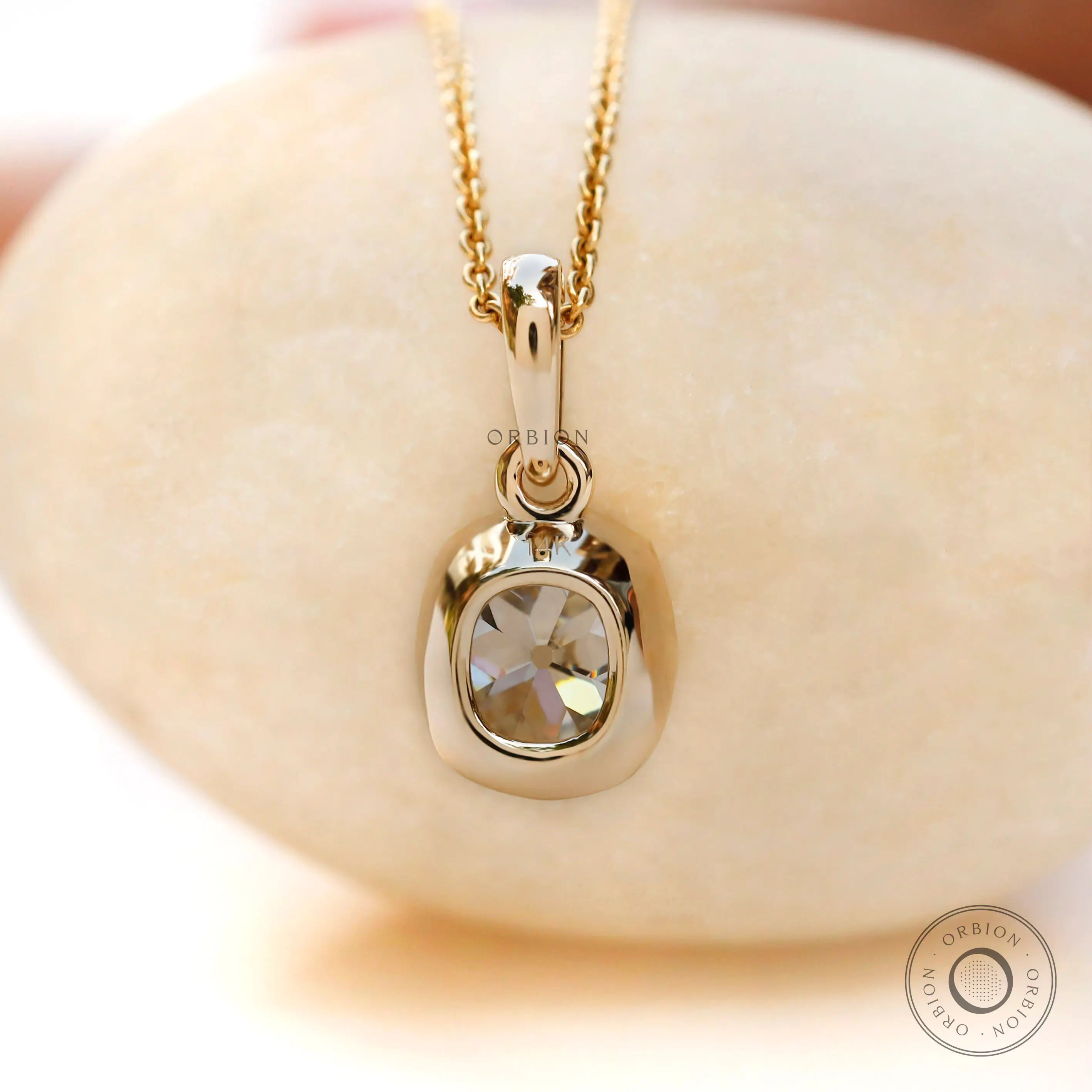Back view yellow gold bezel moissanite pendant smooth finish