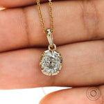 Front hand view old mine cut moissanite pendant yellow gold