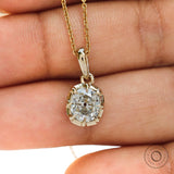 Front hand view old mine cut moissanite pendant yellow gold