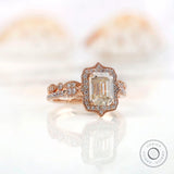 Close-up of halo ring design set with Moissanite stones