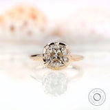 Cushion Old Mine Cut moissanite solitaire ring in yellow gold front view