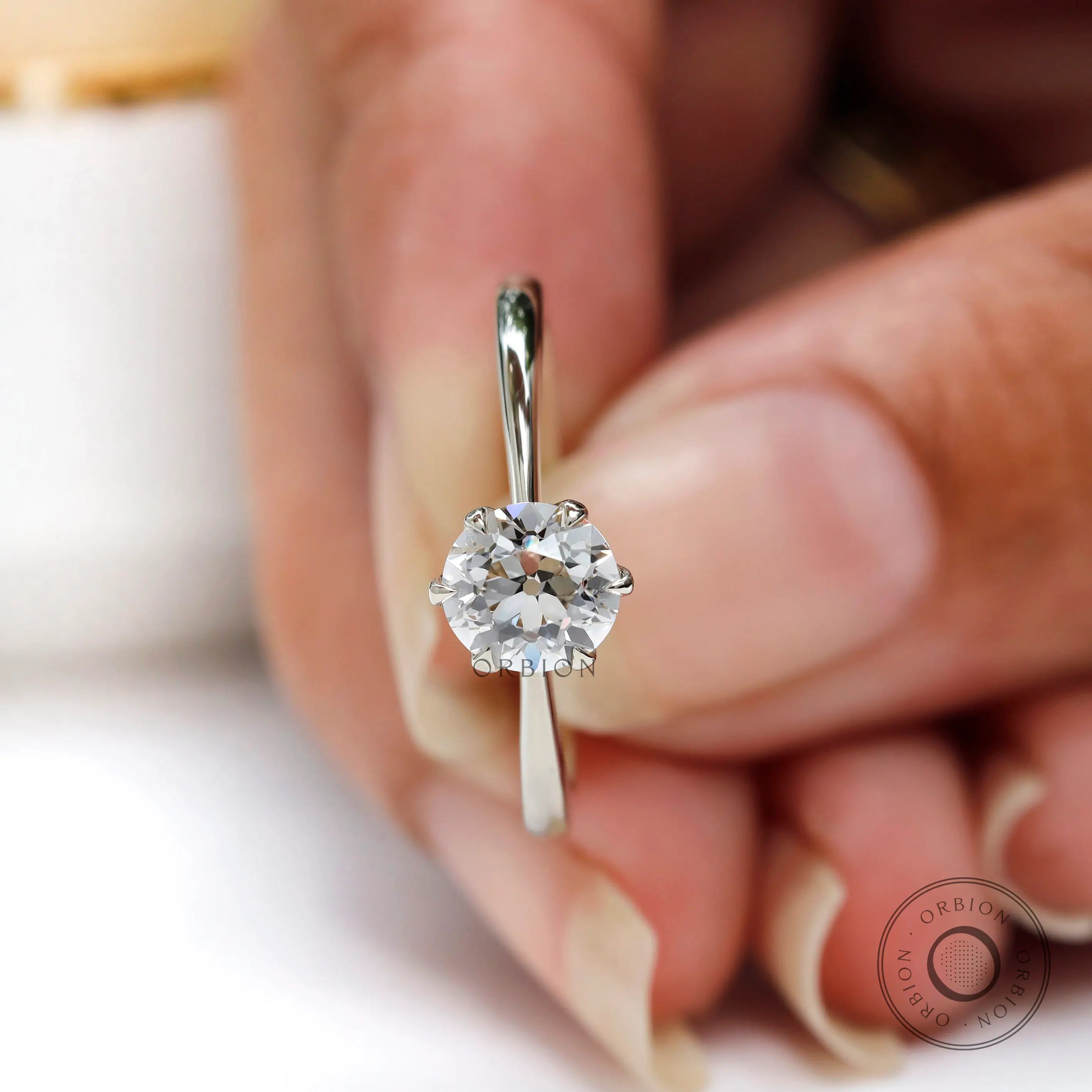 Close-up of elongated round old European cut lab grown diamond