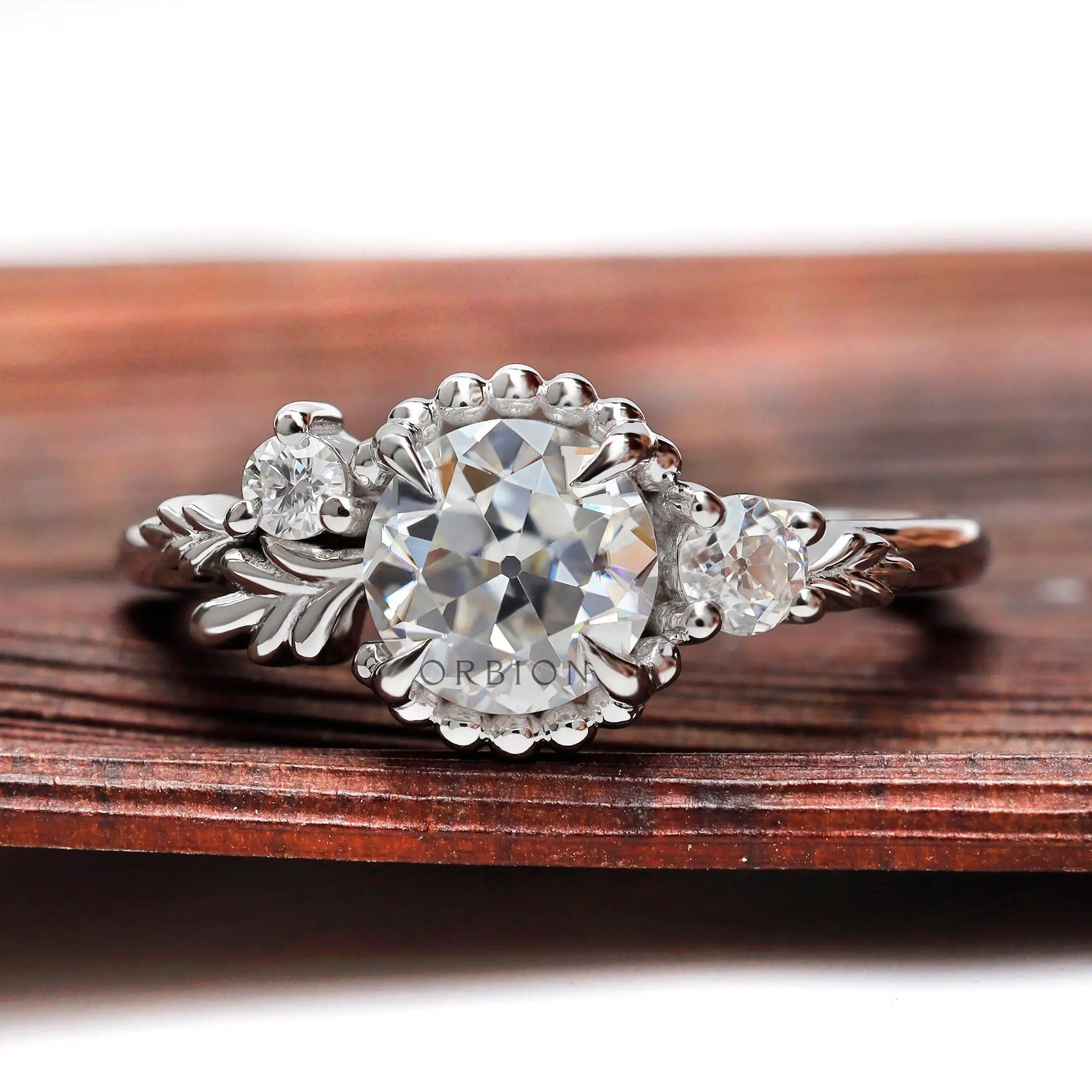 Old European cut moissanite engagement ring in white gold front  view