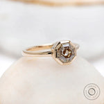 Octagon asscher dark champagne moissanite bezel set engagement ring in yellow gold