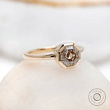 Octagon asscher dark champagne moissanite bezel set engagement ring in yellow gold