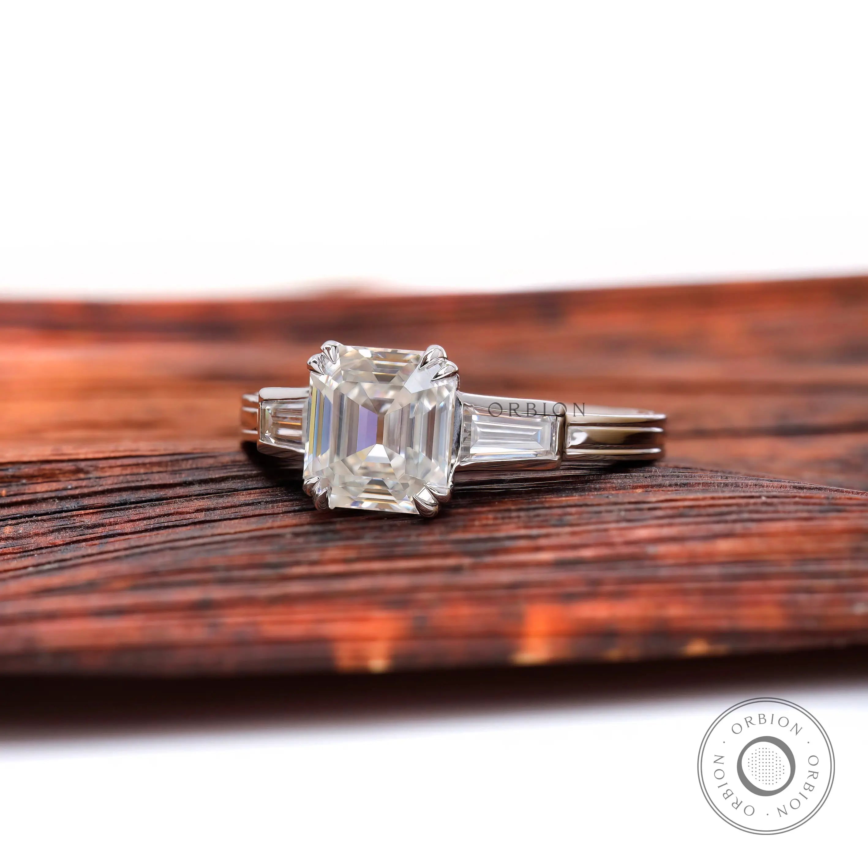 Side profile Asscher cut moissanite ring with baguette accents