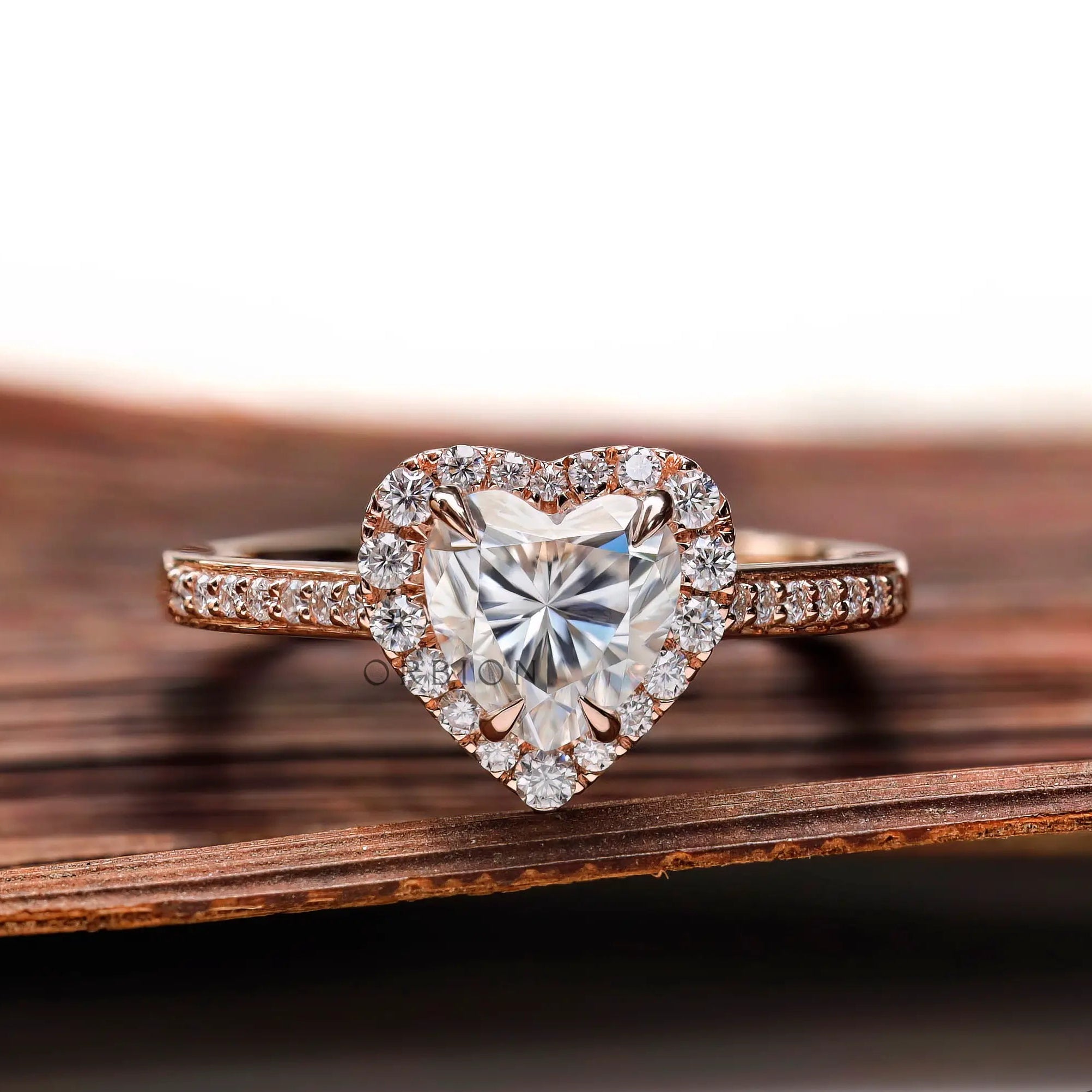 14k Rose Gold Heart Shaped Halo Moissanite Ring Top View