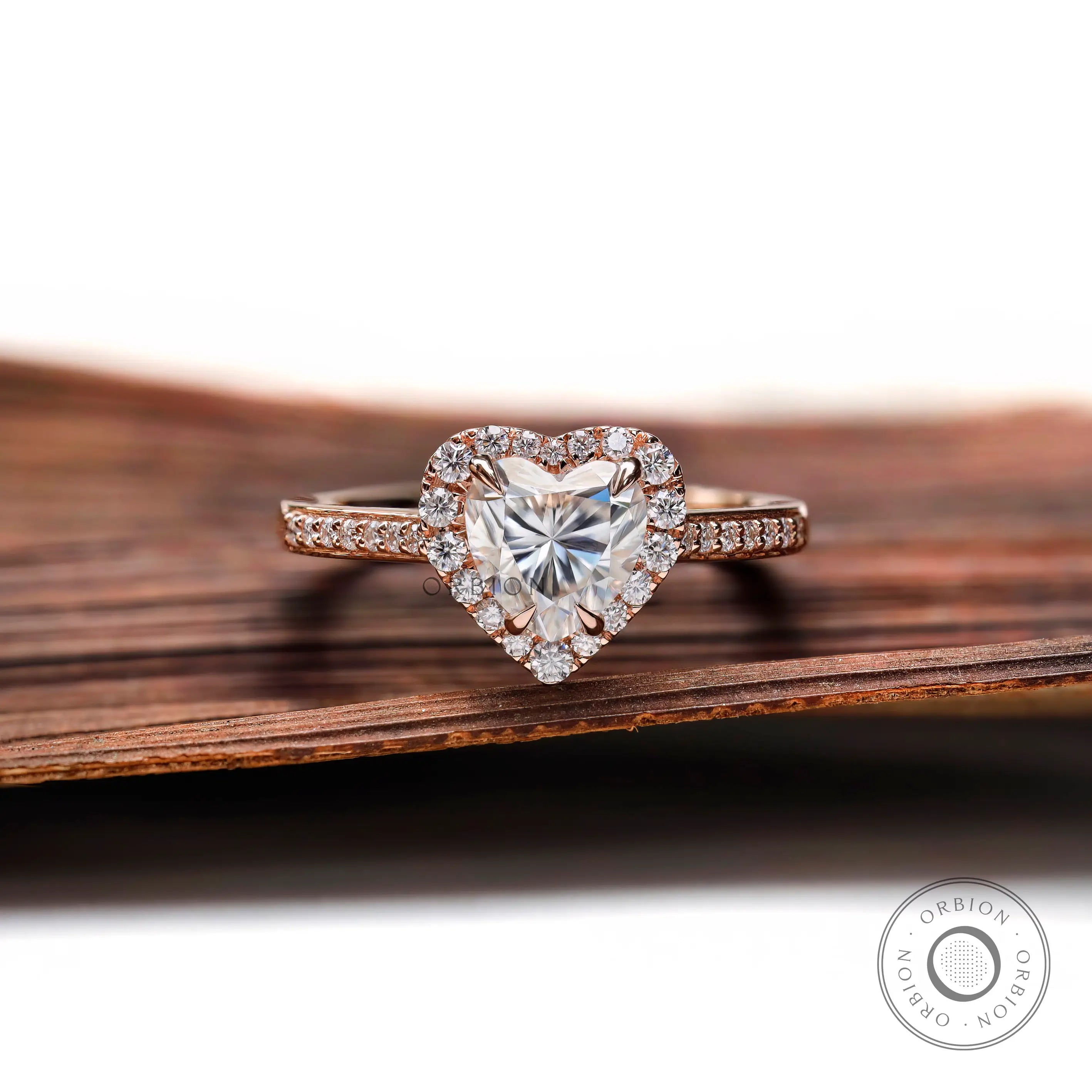 14k Rose Gold Heart Shaped Halo Moissanite Ring Top View